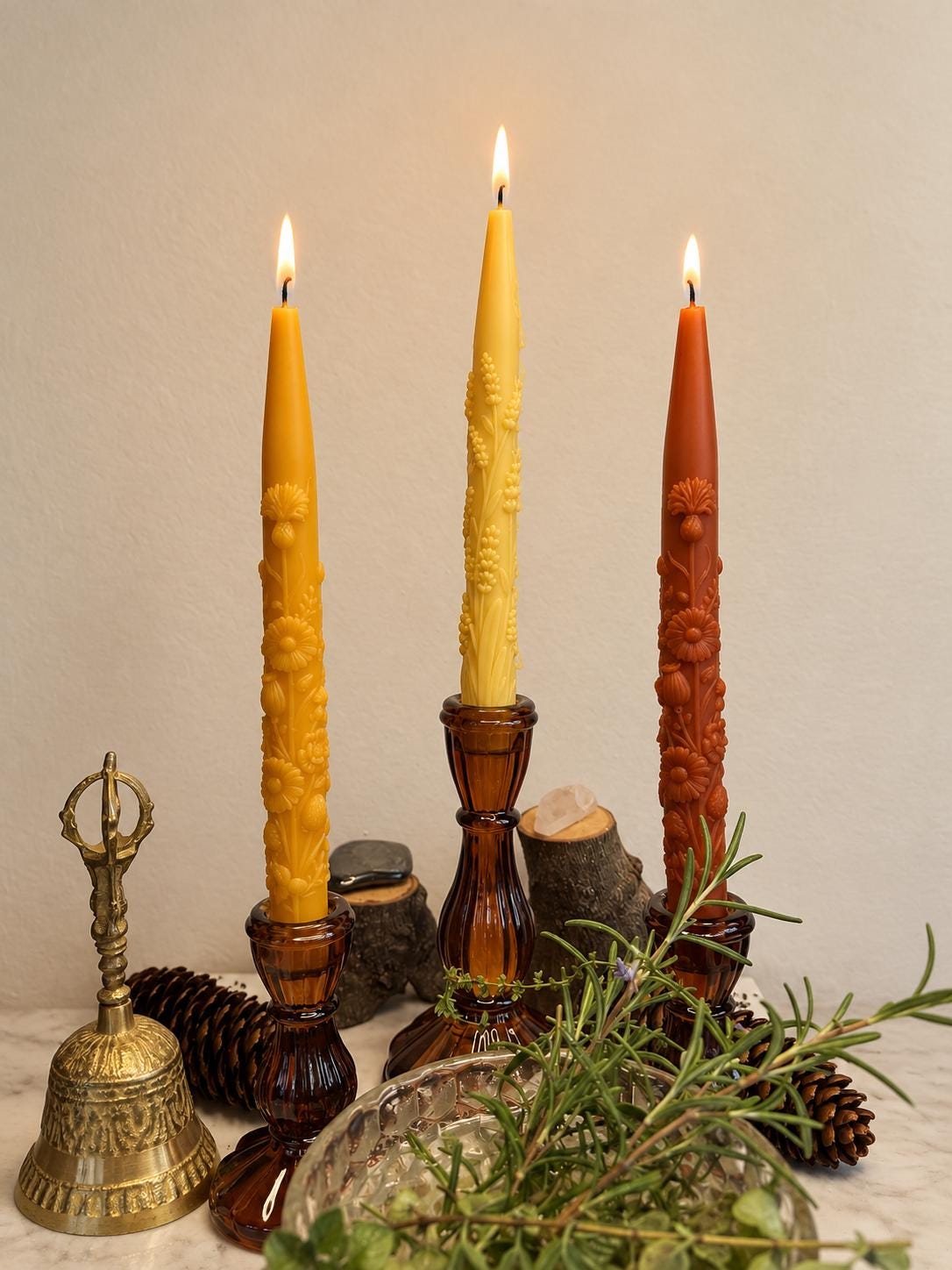 Handmade Lavender Sprig Taper Candles, Beeswax Soy Blend, Unscented (Set of 2)