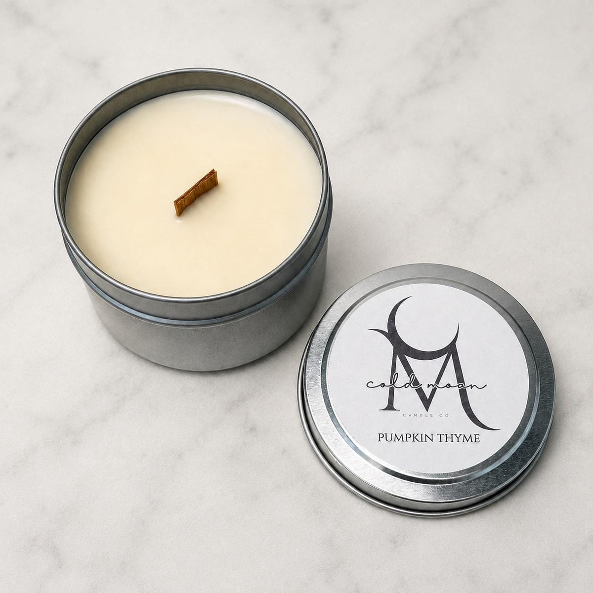 Pumpkin Thyme Travel Tin Candle, Coconut Soy Wax, Wood Wick, Fall Scent (3.5 oz)