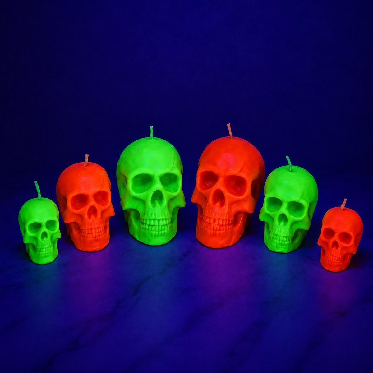 Neon Skull Candles, Blacklight Halloween Decor, Gothic Soy Wax Blend (Orange or Green)