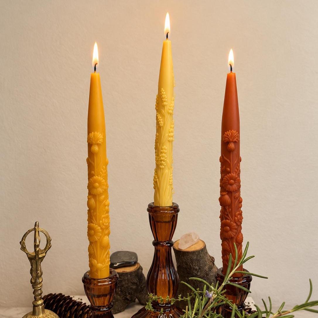 Handmade Lavender Sprig Taper Candles, Beeswax Soy Blend, Unscented Floral Decor (Set of 2)