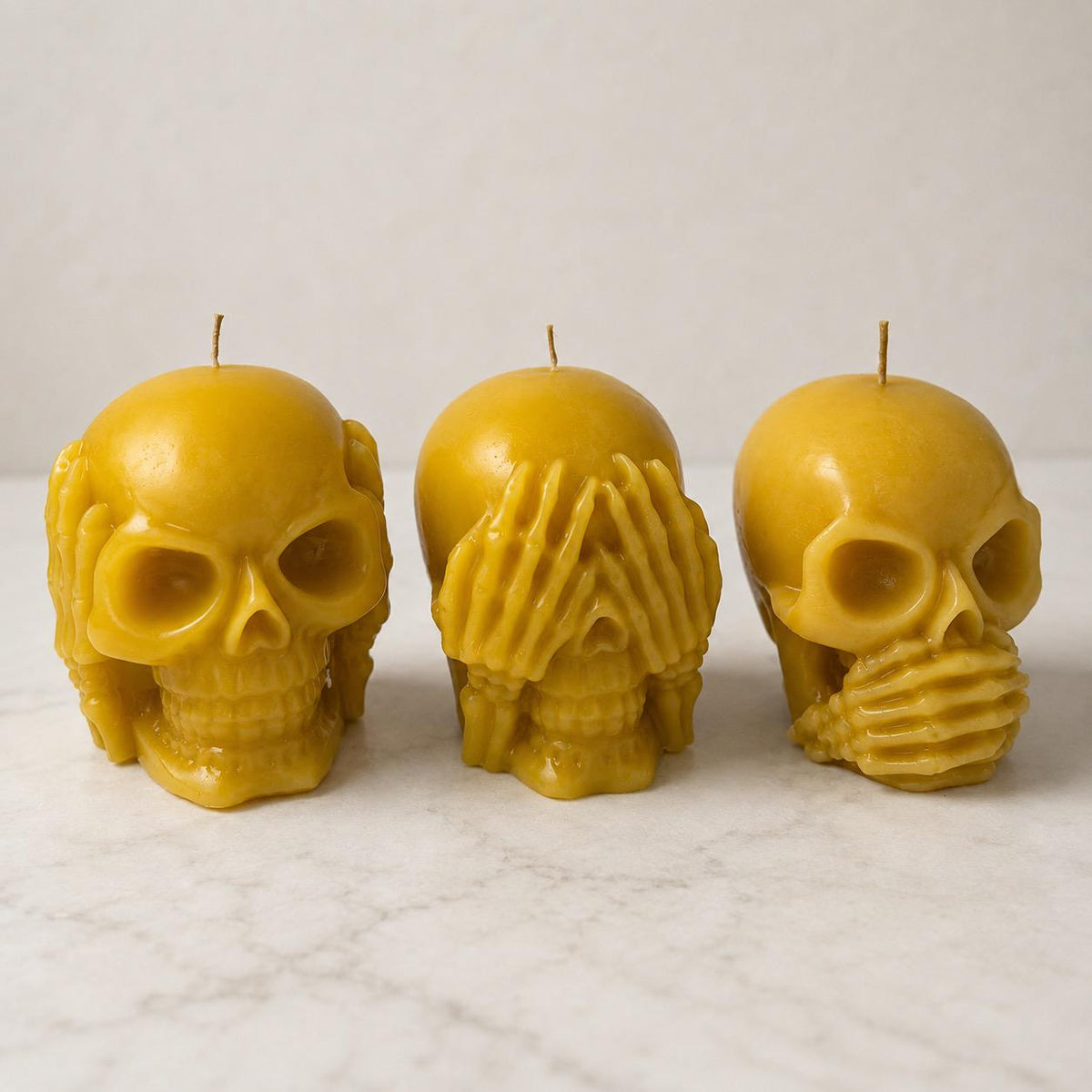 Three Wise Skull Candles Set, Hear See Speak No Evil, Gothic Home Decor, Soy or Beeswax