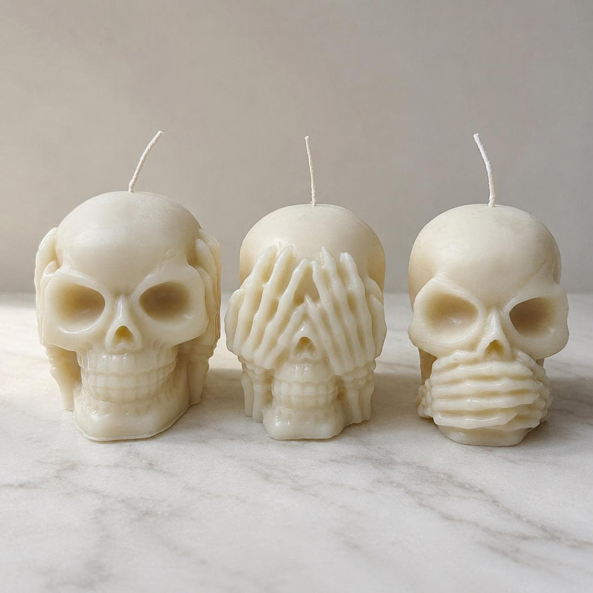 Three Wise Skull Candles Set, Hear See Speak No Evil, Gothic Home Decor, Soy or Beeswax