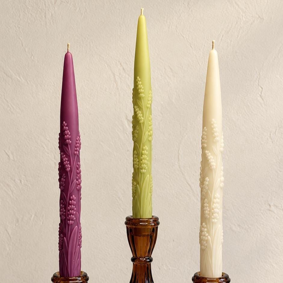 Handmade Lavender Sprig Taper Candles, Beeswax Soy Blend, Unscented Floral Decor (Set of 2)
