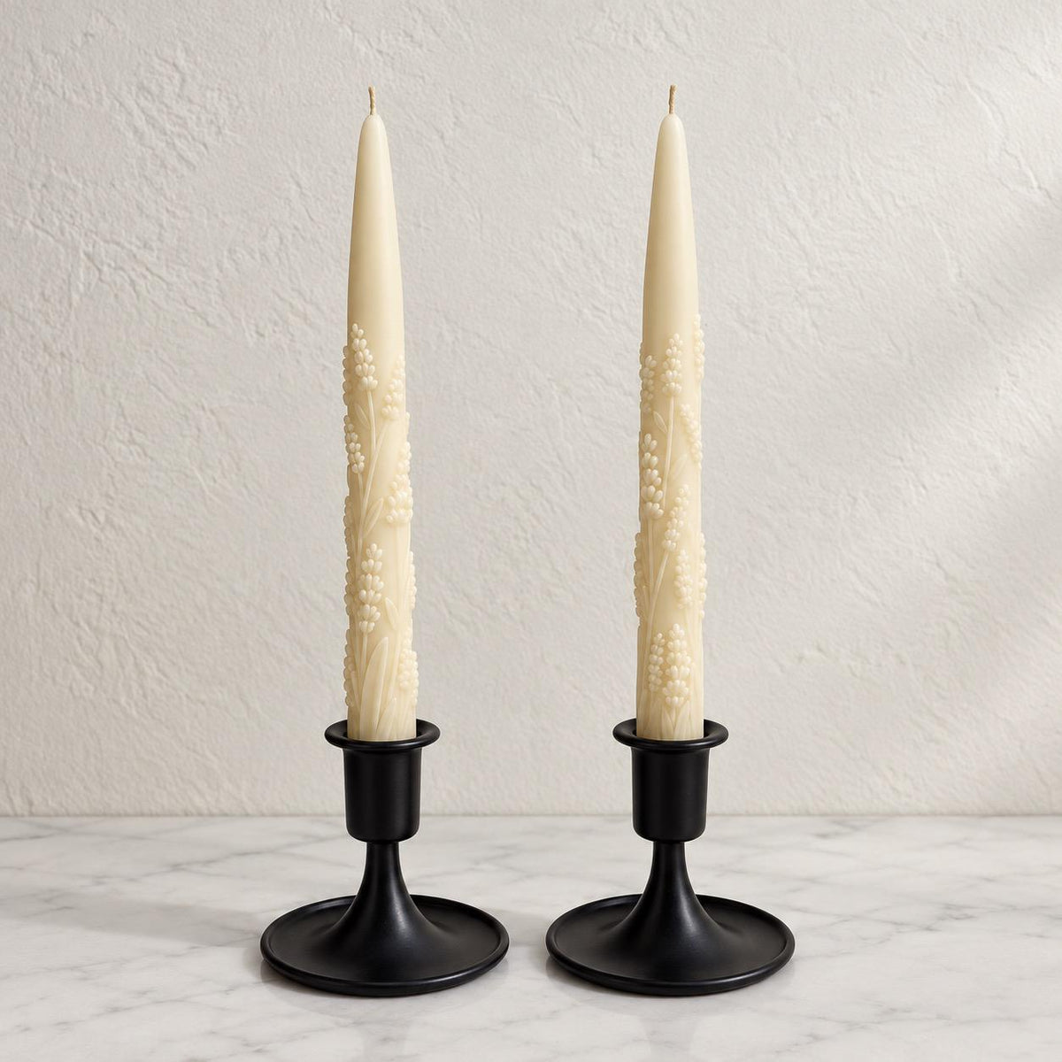 Handmade Lavender Sprig Taper Candles, Beeswax Soy Blend, Unscented Floral Decor (Set of 2)
