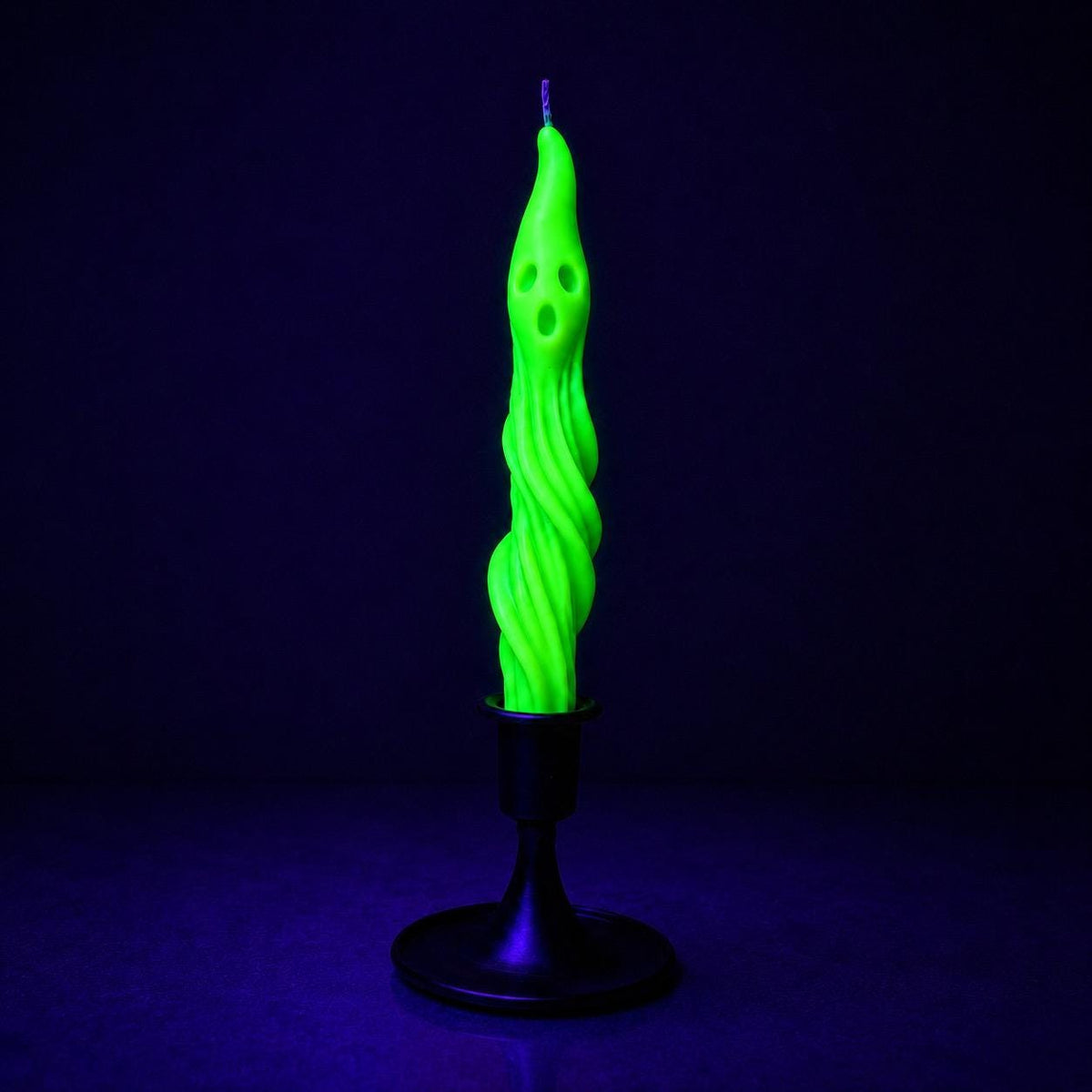 Twisted Ghost Taper Candle, Blacklight Glow, Beeswax-Soy Blend, Halloween Decor