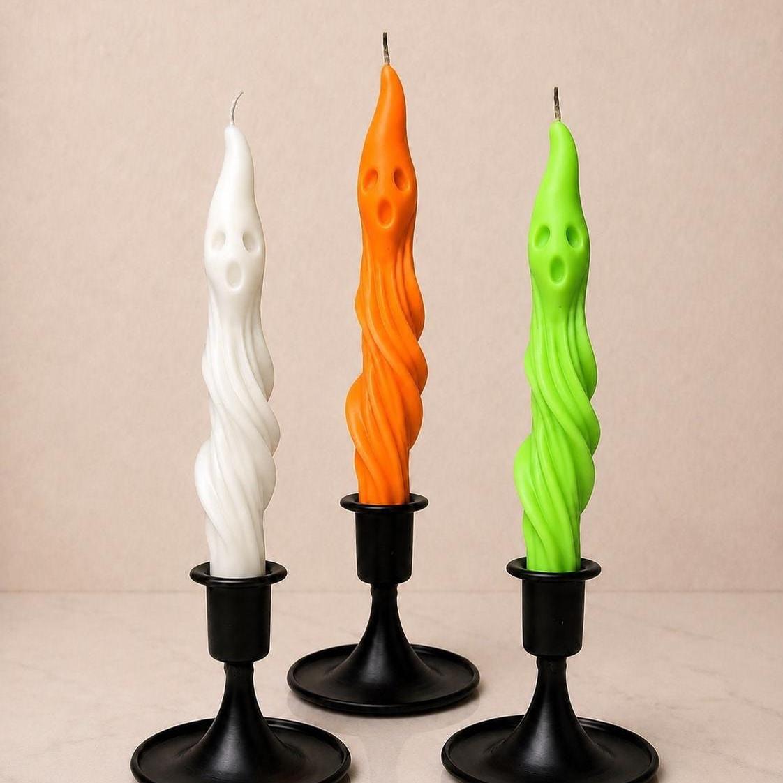 Twisted Ghost Taper Candle, Blacklight Glow, Beeswax-Soy Blend, Halloween Decor