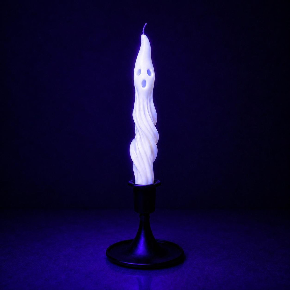 Twisted Ghost Taper Candle, Blacklight Glow, Beeswax-Soy Blend, Halloween Decor