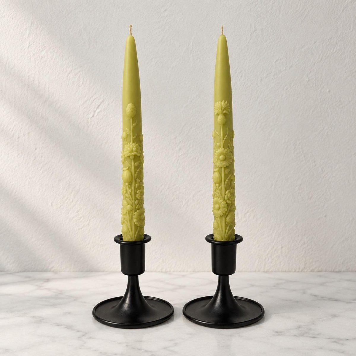 Handmade Wildflower Taper Candles, Floral, Beeswax Soy Blend (Set of 2)