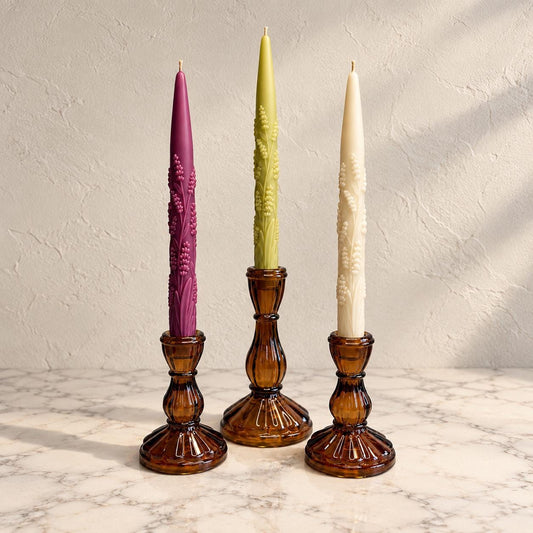 Handmade Lavender Sprig Taper Candles, Beeswax Soy Blend, Unscented (Set of 2)