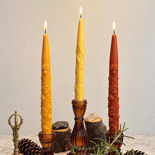 Handmade Wildflower Taper Candles, Floral, Beeswax Soy Blend (Set of 2)