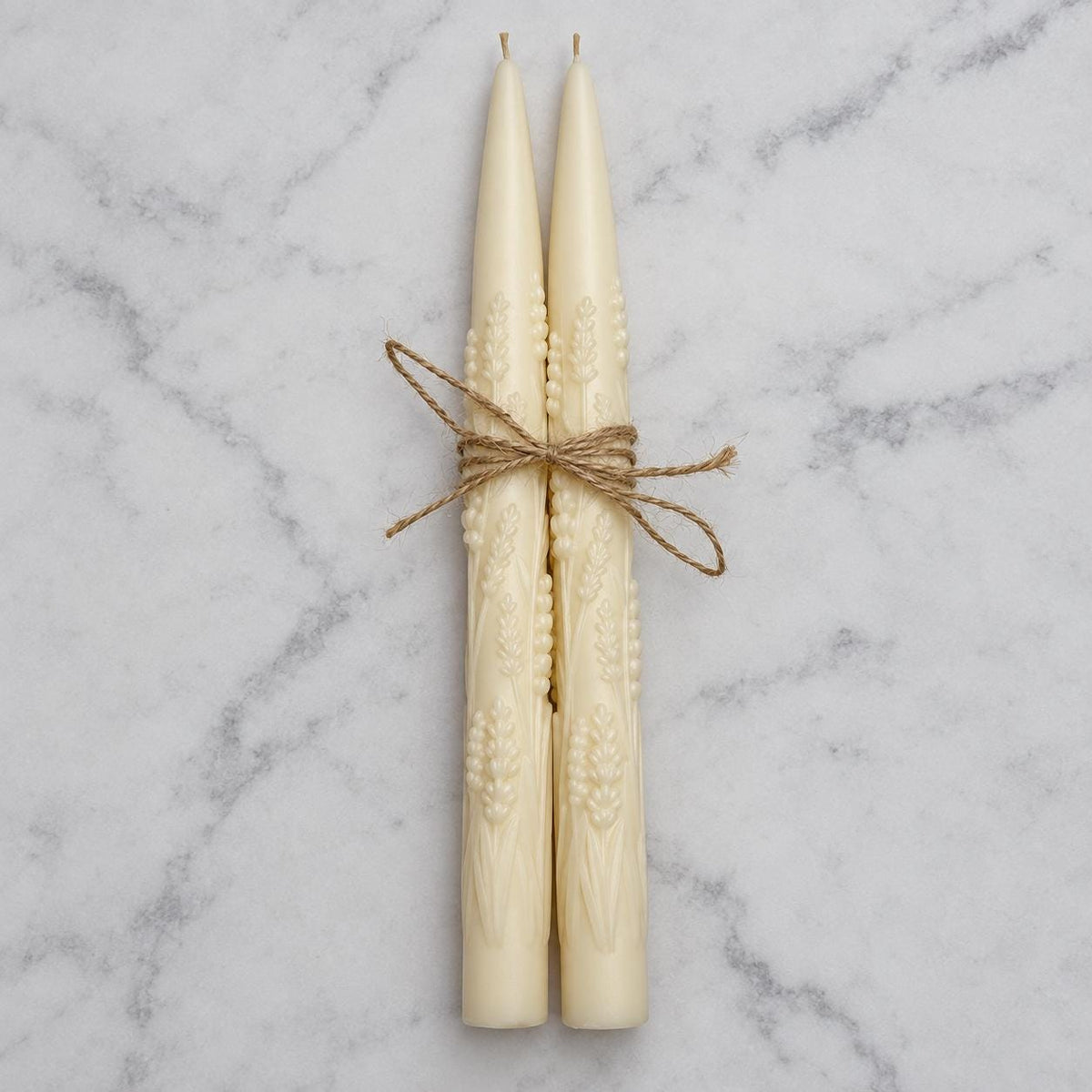 Handmade Lavender Sprig Taper Candles, Beeswax Soy Blend, Unscented (Set of 2)
