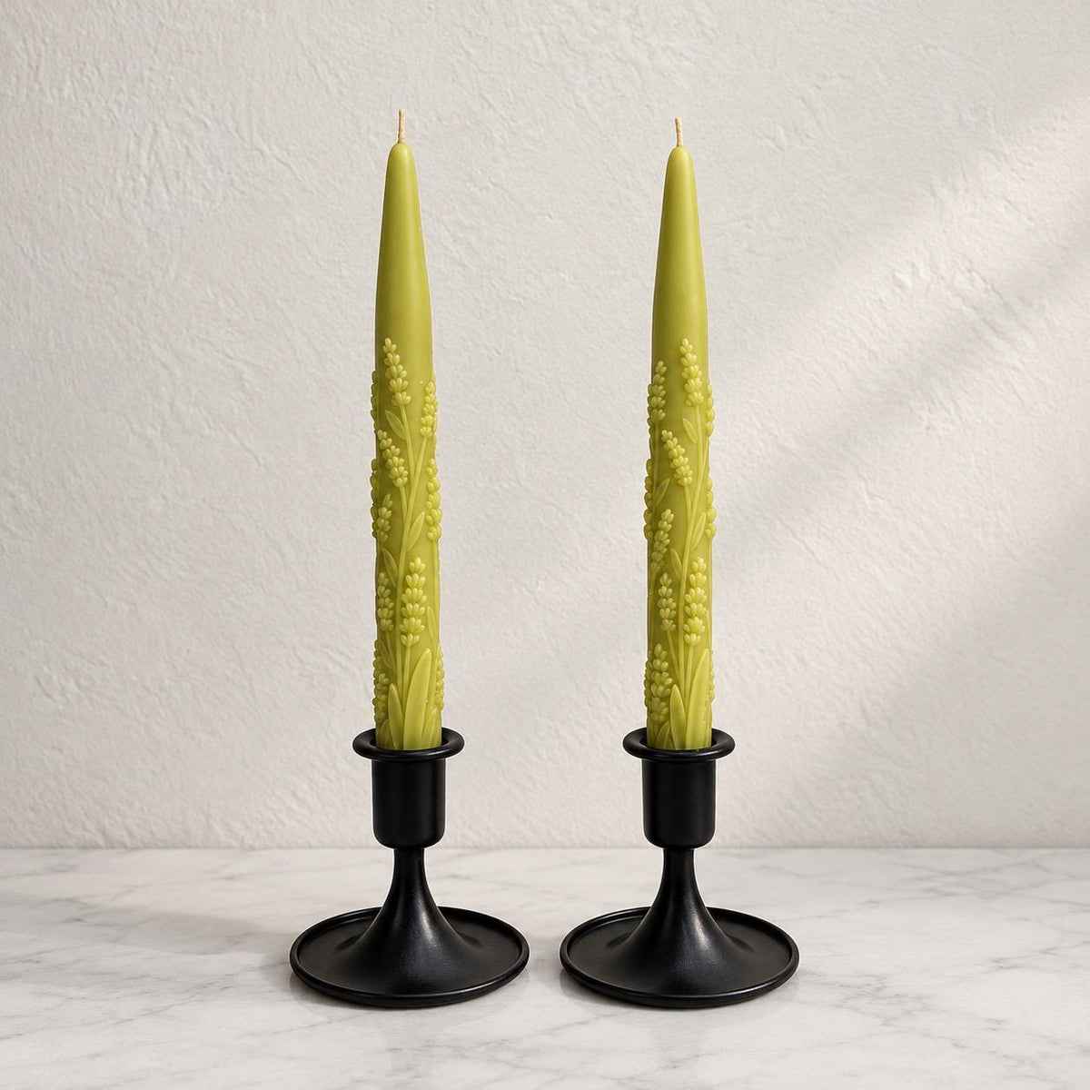 Handmade Lavender Sprig Taper Candles, Beeswax Soy Blend, Unscented (Set of 2)