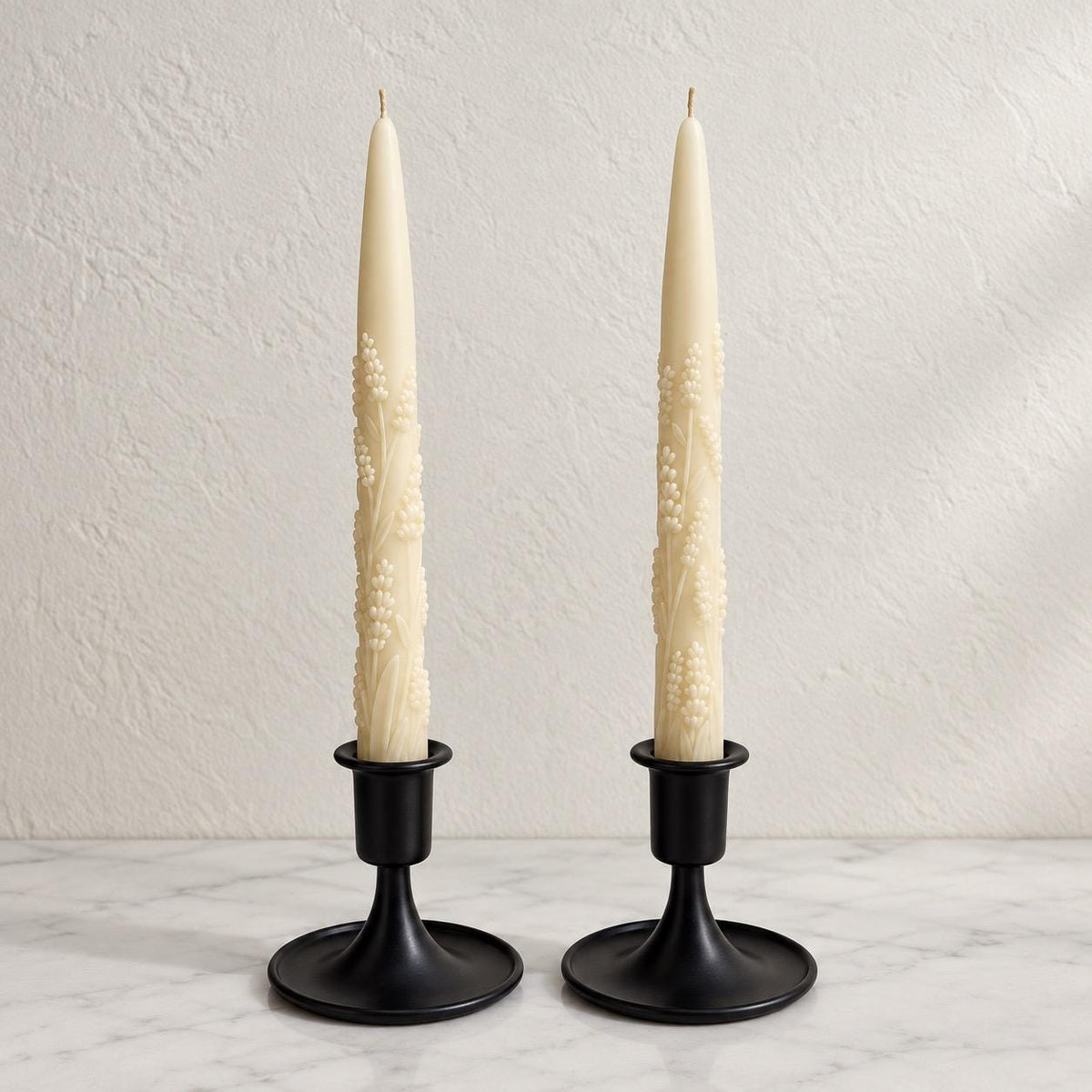 Handmade Lavender Sprig Taper Candles, Beeswax Soy Blend, Unscented (Set of 2)