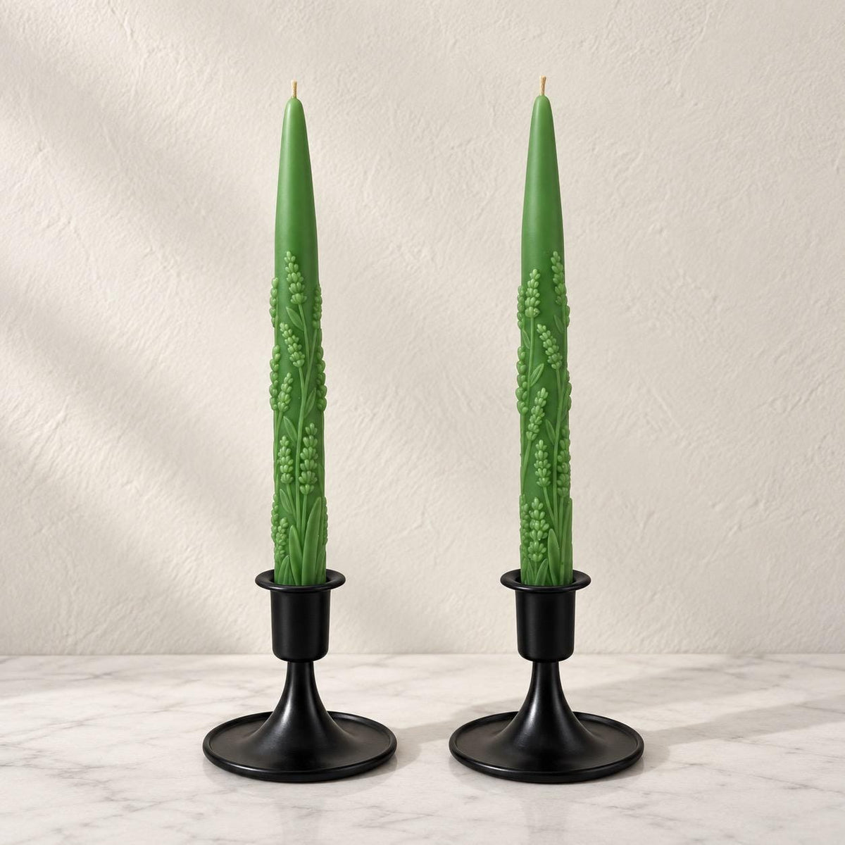 Handmade Lavender Sprig Taper Candles, Beeswax Soy Blend, Unscented (Set of 2)