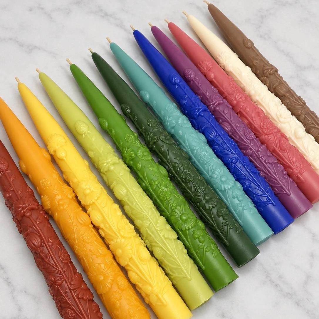 Handmade Wildflower Taper Candles, Floral, Beeswax Soy Blend (Set of 2)